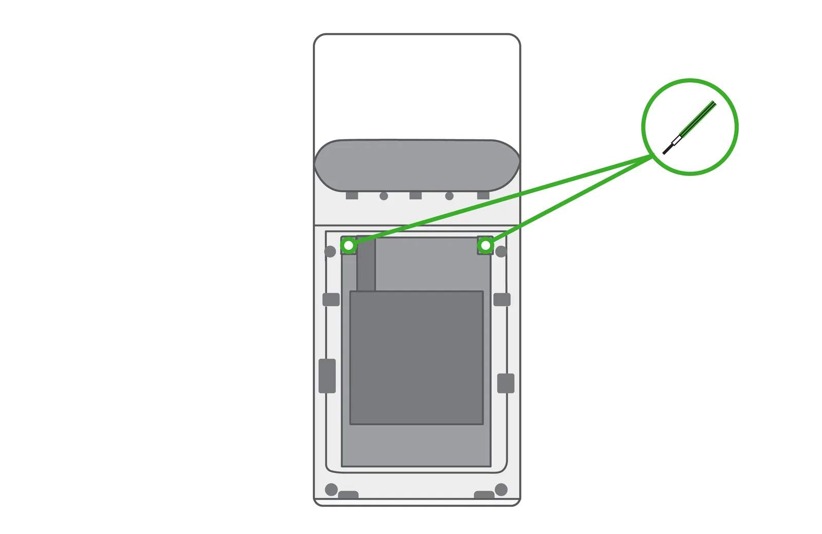 The two screws are in the top corners of the battery.