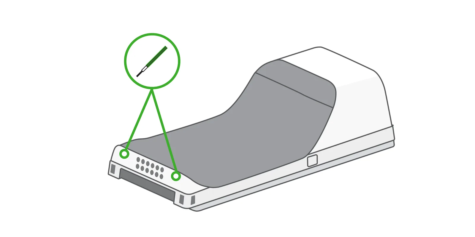 The two screws are located on the bottom of the device, on either side of the speaker.